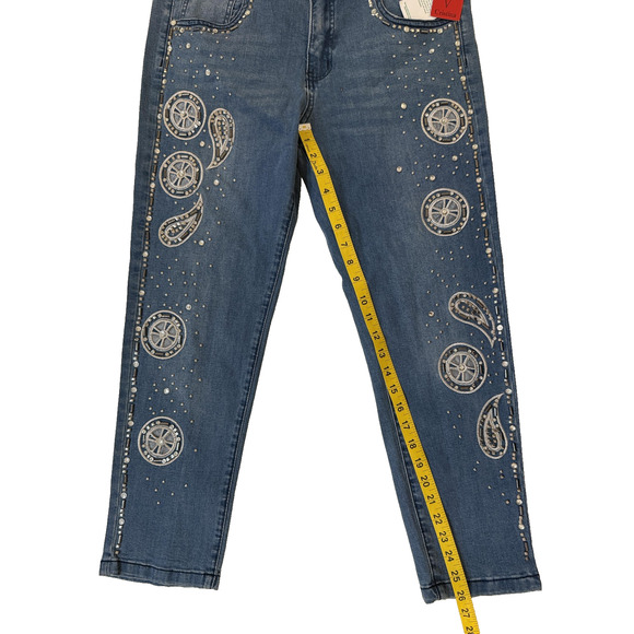 Cristina Y2K Jeans Womens 12 Embellished Paisley Straight Leg Rhinestone NWT - Picture 5 of 6